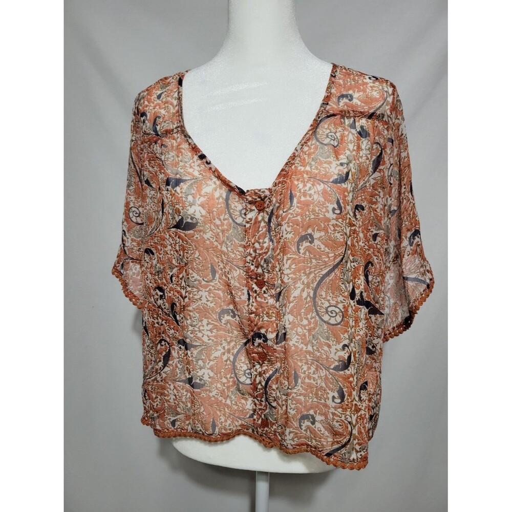 Band of Gypsies Blouse Women Medium Orange Excellent Paisley Sheer Boho Top